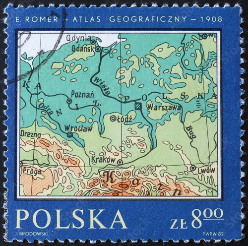 Map of Poland on postage stamp