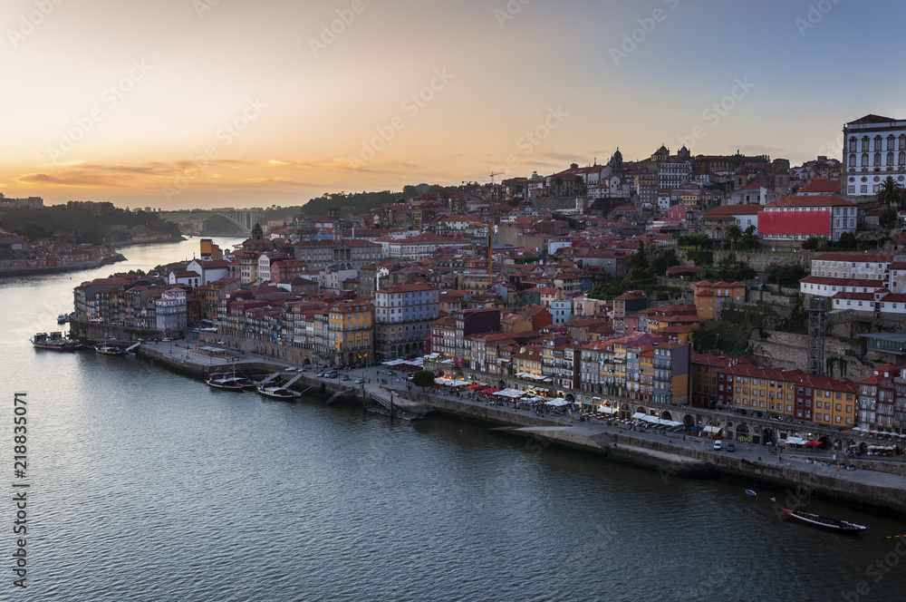 Aerial view of the Ribeira Neighborhood and the Douro River with Rabelo Boats, in the city of Porto, Portugal