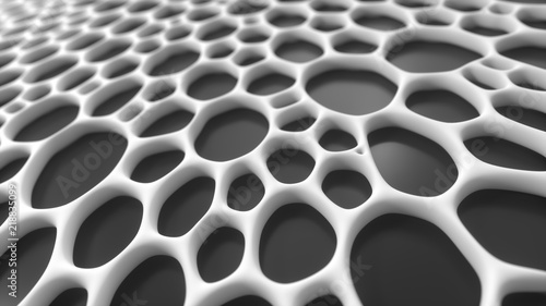 Abstract organic voronoi structure with depth of field effect. Blurred background with many cells on dark surface. Chaotic smooth line structure. 3d rendering photo