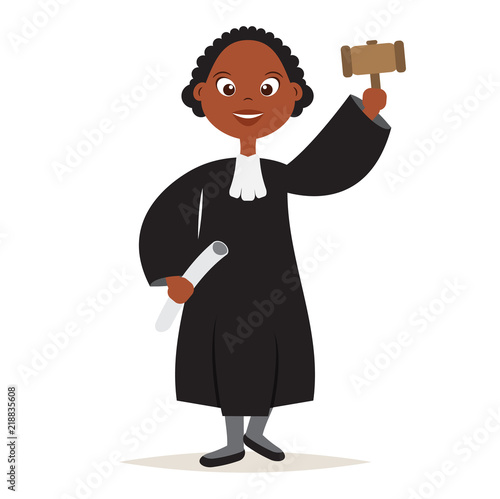 Cute African American The Judge Cartoon Women Character with Hold the hammer for Judge and Justice,vector,illustration.