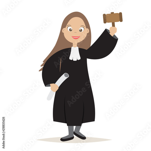 Cute The Judge Cartoon Women Character with Hold the hammer for Judge and Justice,vector,illustration.