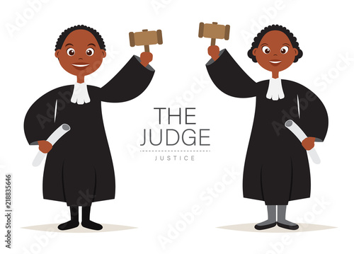 The Judge Cartoon,Dark Skinned People,with Hold the hammer for Judge and Justice,vector,illustration.