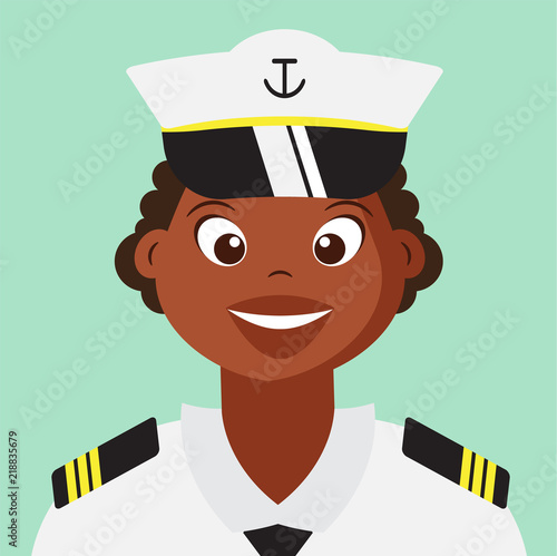 Cute Woman Naval With Navy uniform,Smiling Cartoon character design,Dark Skinned People,vector,illustration.