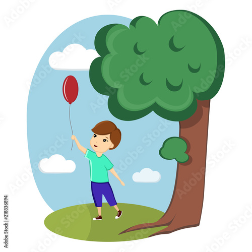 A boy is playing with a balloon on the street. Image  vector  illustration  template