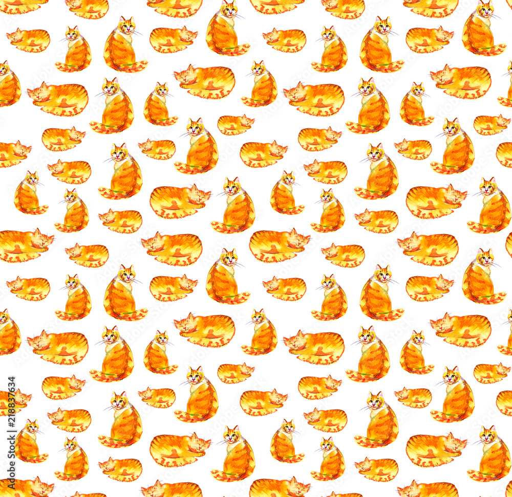 Seamless pattern of happy red cats painted in watercolor on white background