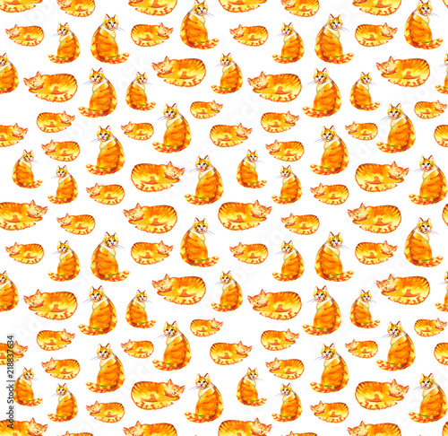 Seamless pattern of happy red cats painted in watercolor on white background © Natali_Mias