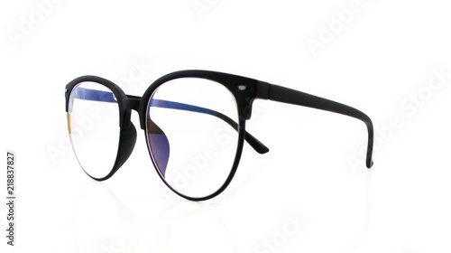Close up black business glasses isolated on white background