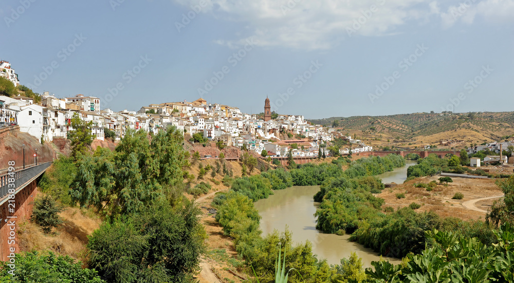 Panoramic view of Montoro with the Guadalquivir river, province of Córdoba, Andalusia, Spain