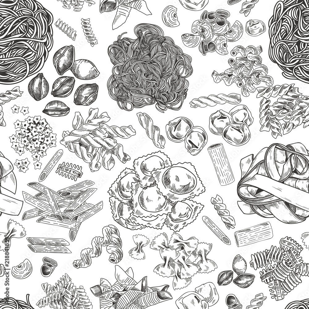 Hand drawn pasta seamless pattern