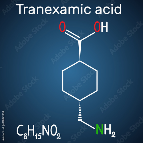 Tranexamic acid (TXA) drug molecule, is used for preventing excessive bleeding. Structural chemical formula and molecule model on the dark blue background