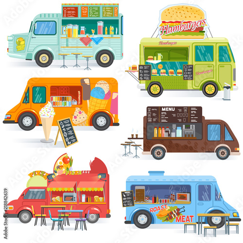 Food truck vector street food-truck vehicle and fastfood delivery transport with hotdog or pizza illustration set of drinks or ice cream in foodtruck isolated on white background photo