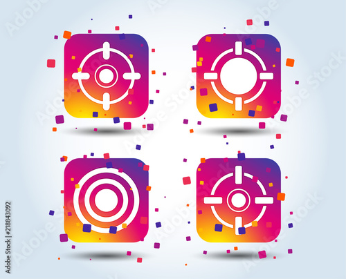Crosshair icons. Target aim signs symbols. Weapon gun sights for shooting range. Colour gradient square buttons. Flat design concept. Vector