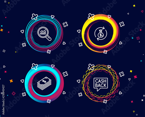 Set of Dollar, Money exchange and Data analysis icons. Money transfer sign. Usd currency, Cash in bag, Magnifying glass. Cashback message. Circle banners with line icons. Gradient colors shapes