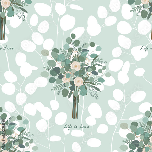 Roses and eucalyptus leaves seamless vector pattern. photo