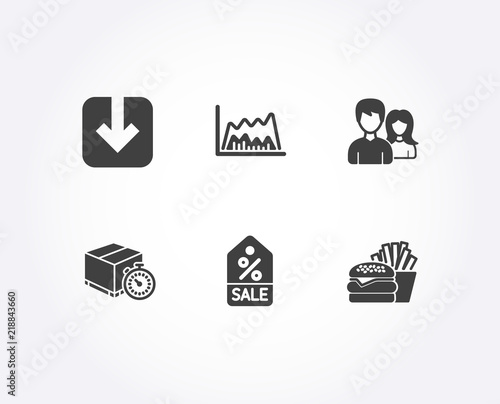 Set of Load document, Sale coupon and Trade chart icons. Delivery timer, Teamwork and Burger signs. Download arrowhead, Discount tag, Market data. Express logistics, Man with woman, Cheeseburger