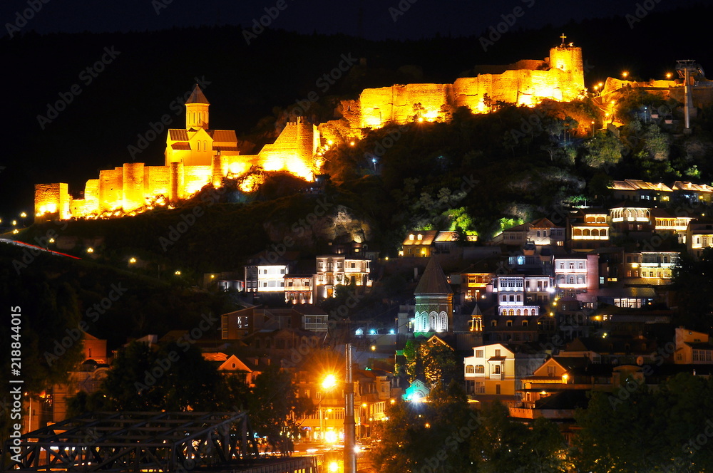 Tbilisi old town and Narikala fortress at night, Georgia