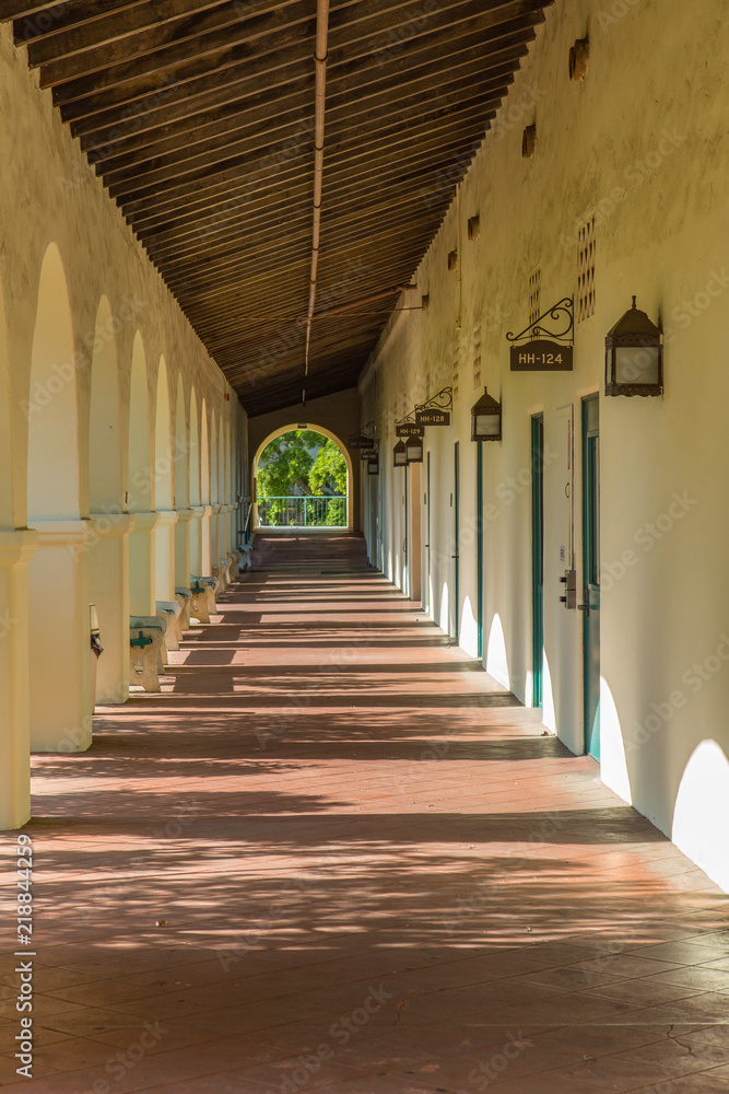 Interplay of Light and Shadow in a Long Colonnade