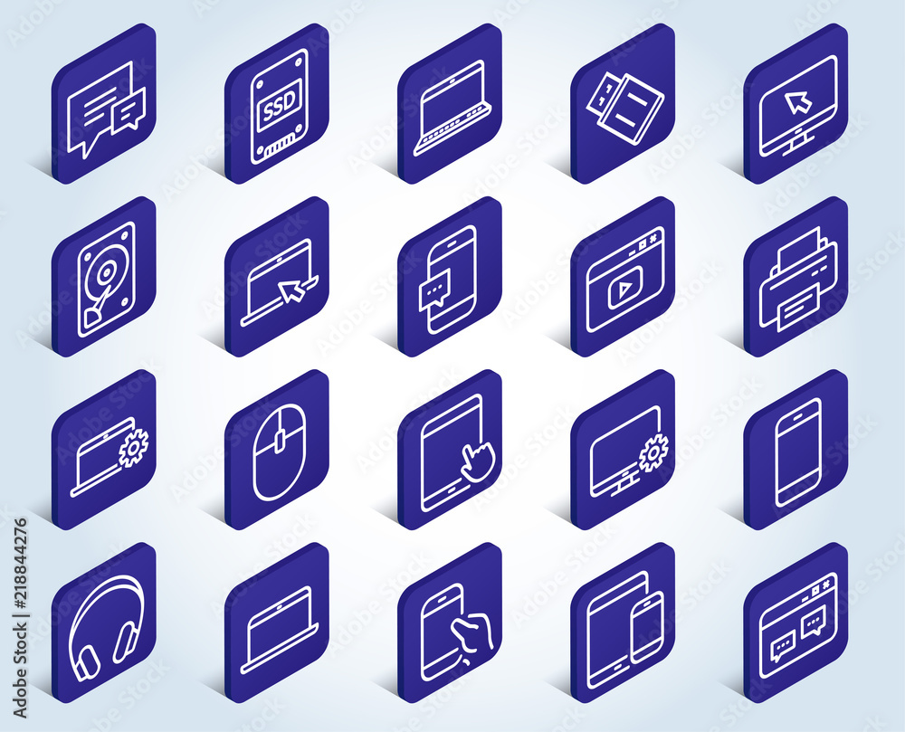 Mobile Devices line icons. Set of Laptop, Tablet PC and Smartphone signs. HDD, SSD and Flash drives. Headphones, Printer and Mouse symbols. Chat speech bubbles. Flat design isometric buttons. Vector