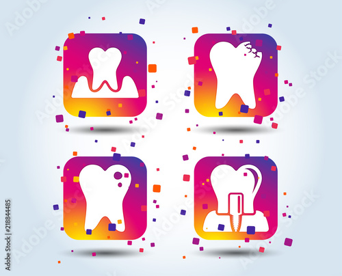 Dental care icons. Caries tooth sign. Tooth endosseous implant symbol. Parodontosis gingivitis sign. Colour gradient square buttons. Flat design concept. Vector