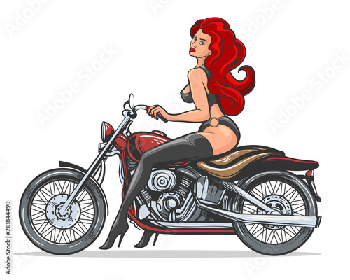 Red hair Sexy Girl on Vintage motorcycle