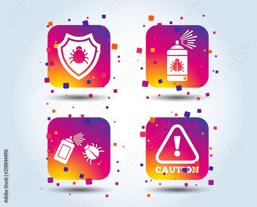 Bug disinfection icons. Caution attention and shield symbols. Insect fumigation spray sign. Colour gradient square buttons. Flat design concept. Vector