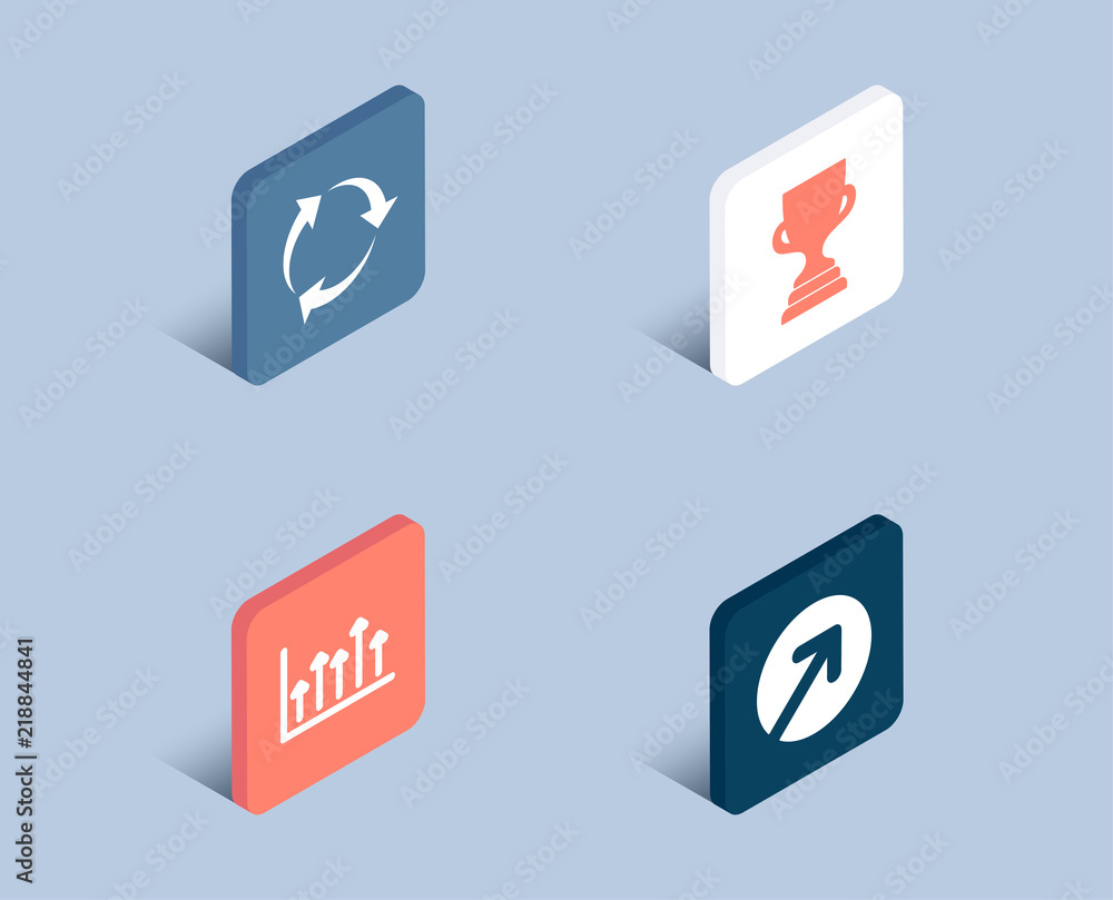 Set of Recycle, Growth chart and Award cup icons. Direction sign. Recycling waste, Upper arrows, Trophy. Navigation pointer. 3d isometric buttons. Flat design concept. Vector Set of Recycle, Growth chart and Award cup icons. Direction sign. Recycling waste, Upper arrows, Trophy. Navigation pointer. 3d isometric buttons. Flat design concept. Vector
