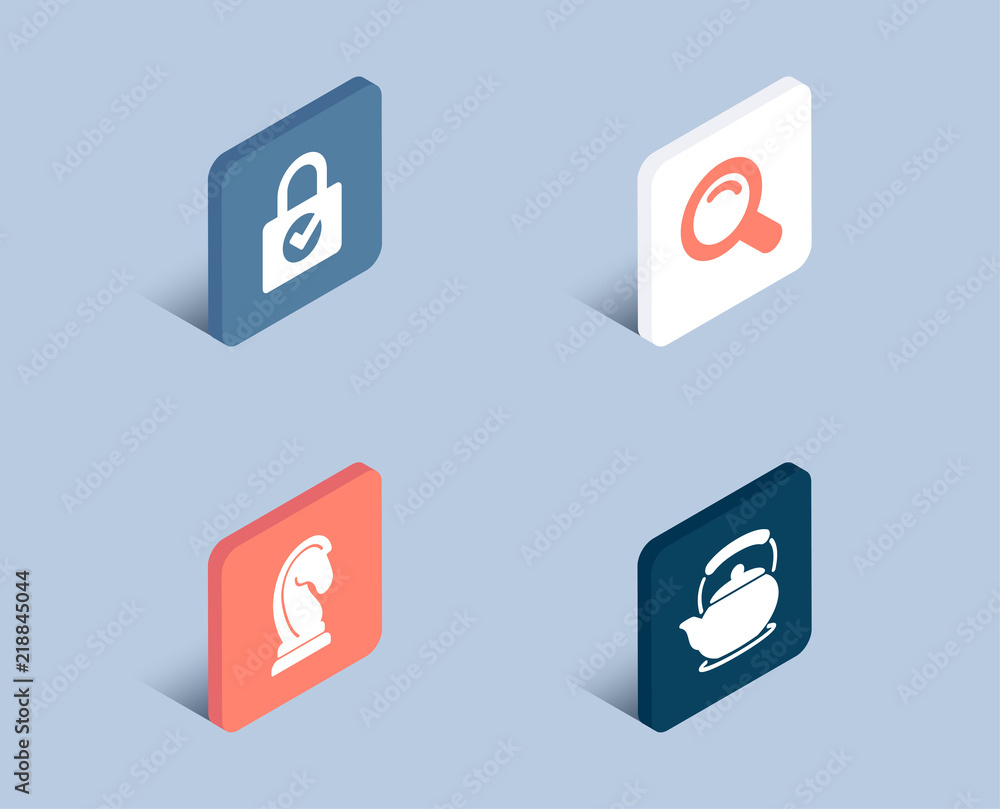 Set of Search, Password encryption and Marketing strategy icons. Teapot sign. Magnifying glass, Protection locker, Chess knight. Tea kettle. 3d isometric buttons. Flat design concept. Vector Set of Search, Password encryption and Marketing strategy icons. Teapot sign. Magnifying glass, Protection locker, Chess knight. Tea kettle. 3d isometric buttons. Flat design concept. Vector