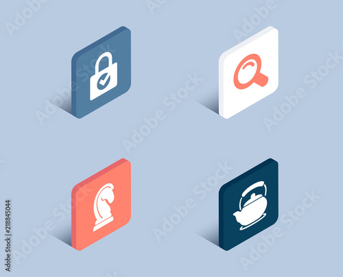 Free Download Set of Search, Password encryption and Marketing strategy icons. Teapot sign. Magnifying glass, Protection locker, Chess knight. Tea kettle.  3d isometric buttons. Flat design concept. Vector - GFXLoad