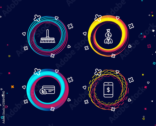 Set of Cleaning mop, Payment method and Manager icons. Smartphone payment sign. Sweep a floor, Work profit, Mobile pay.  Circle banners with line icons. Gradient colors shapes. Vector
