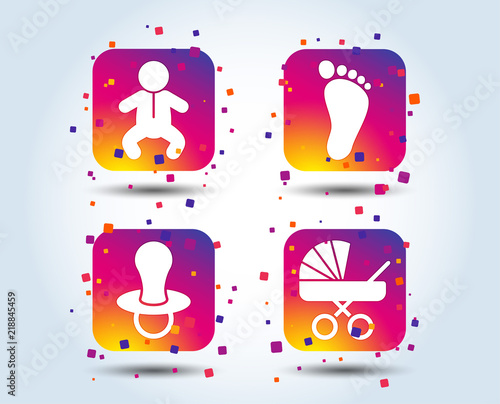 Baby infants icons. Toddler boy with diapers symbol. Buggy and dummy signs. Child pacifier and pram stroller. Child footprint step sign. Colour gradient square buttons. Flat design concept. Vector