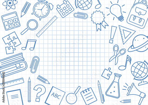 Frame with school supplies on checkered background. Blue colors. Vector illustration