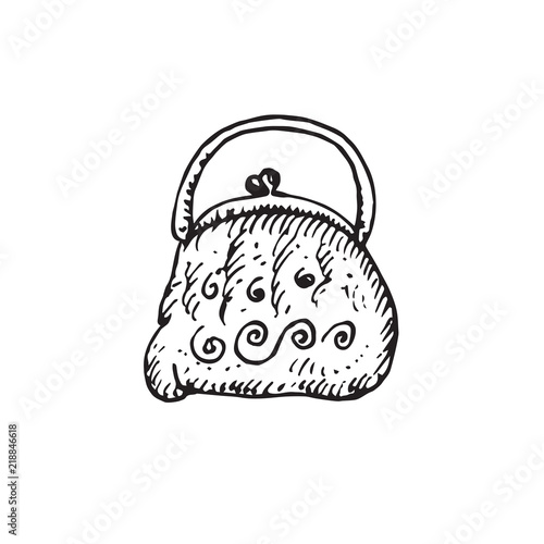 Pouch type bag with handle, isolated hand drawn black and white outline doodle, sketch, vector illustration