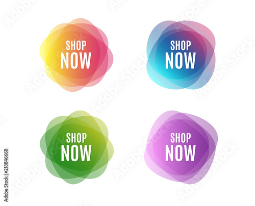 Shop now symbol. Special offer sign. Retail Advertising. Colorful round banners. Overlay colors shapes. Abstract design concept. Vector