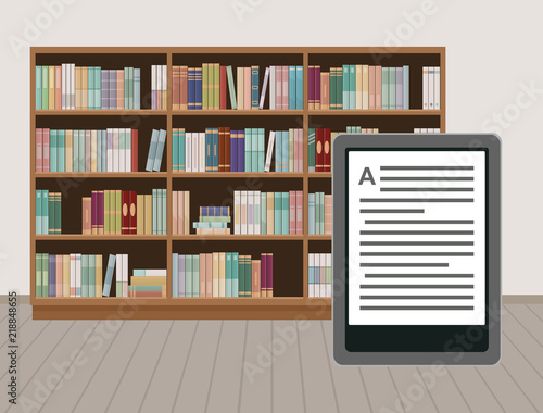 E-book reader device on bookshelves background. Alternative for traditional books. Vector illustration.
