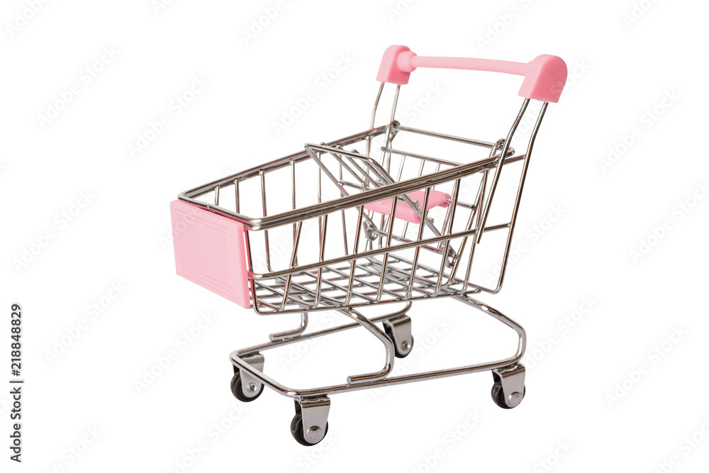 Pink shopping cart or empty supermarket cart isolated on white background with clipping path