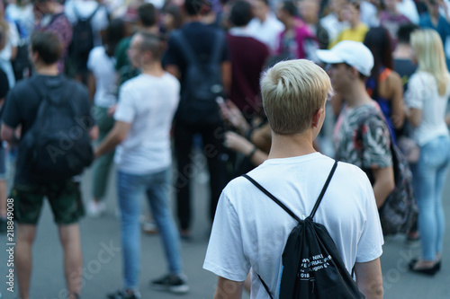 Crowd of people looking street concert in Moscoe