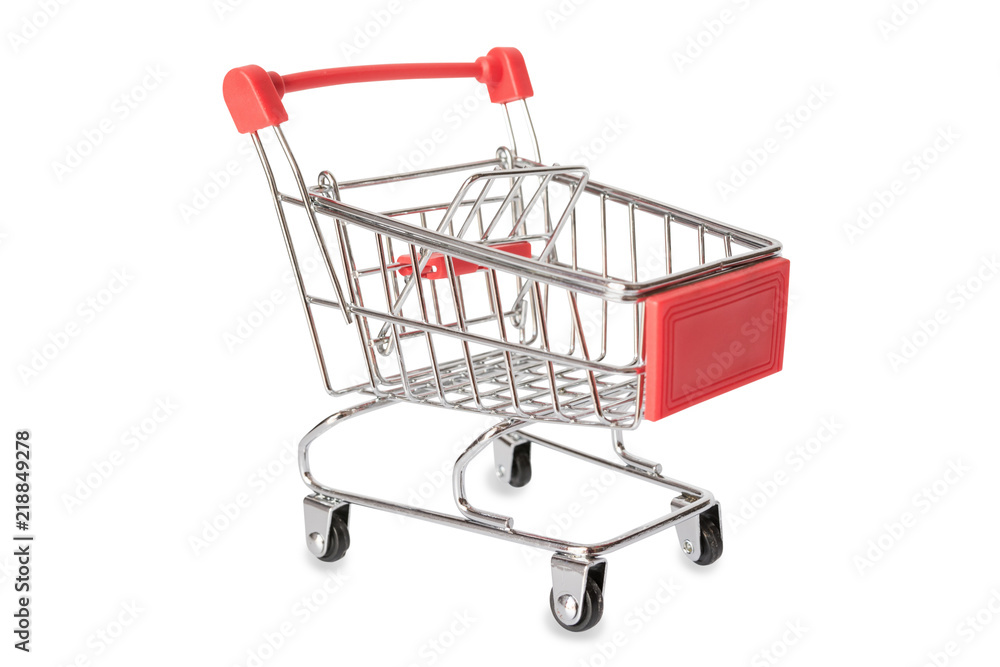 Red shopping cart or empty supermarket cart isolated on white background with clipping path