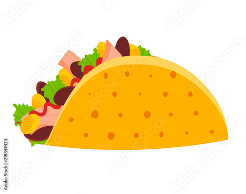 Cute colorful mexican taco symbol. Cartoon flat tacos icon for fast food restaurant or cafe menu, advertisement, banners, stickers, logo design