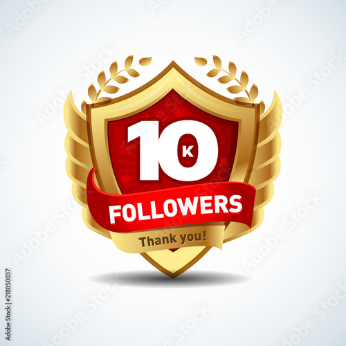 Golden 10K Followers Thank you design logotype, sign template for social network and follower. Web user celebrates a large number of subscribers or followers. 