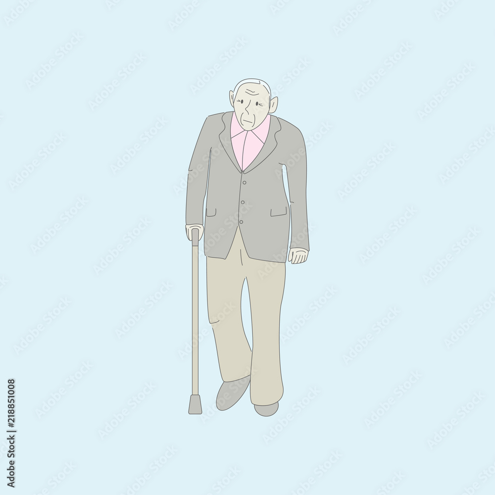 Old man walks with a stick. Active old man. Healthy old man who cares for himself. Doodle design. Vector design illustration. Old man walks with a stick. Active old man. Healthy old man who cares for himself. Doodle design. Vector design illustration.