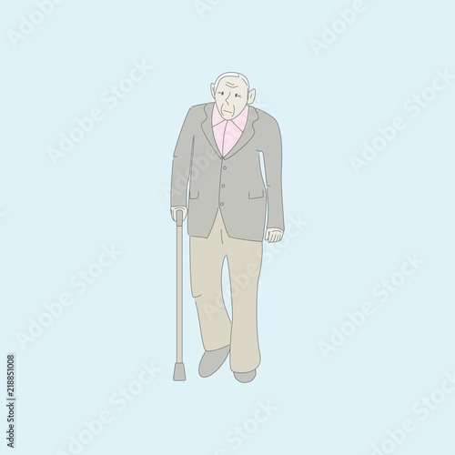 Old man walks with a stick. Active old man. Healthy old man who cares for himself. Doodle design. Vector design illustration. 