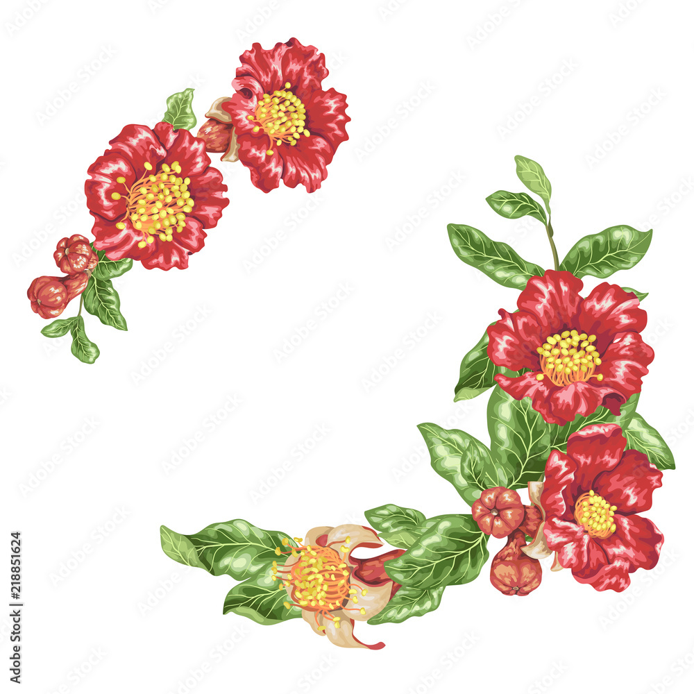 Bright red vector frames with big pomegranate flowers and fruits on the branches