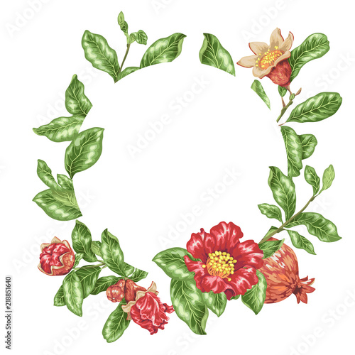 Bright red vector frames with big pomegranate flowers and fruits on the branches