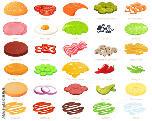 Ingredients burger designer. Constructor of food and meat and vegetables and cheese and fish