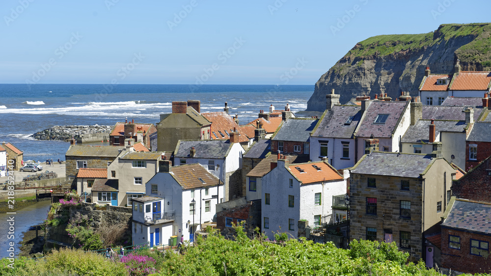  Overlook of iconic Noth Sea fishing village of Staithes in North Yorkshire, England