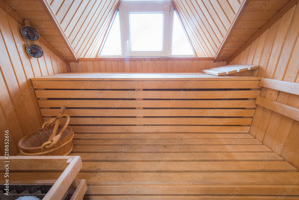 Luxury interior of wooden home sauna, spa concept Luxury interior of wooden home sauna, spa concept
