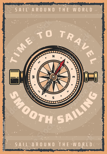 Marine travel compass vector retro poster