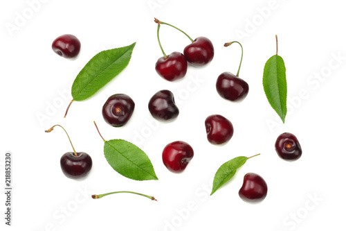 cherry with green leaf isolated on white background. Top view