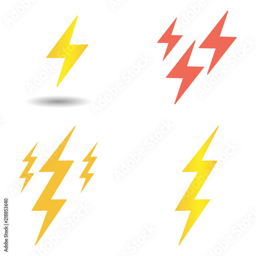 Set lightning bolt vector. Yellow and red lightning strikes. Elements isolated on light background.