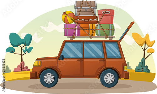 Cartoon car with suitcases on car roof. Car with travel cases.
